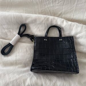Clare V. Black Croc-Embossed Top-Handle Tote Bag with Strap